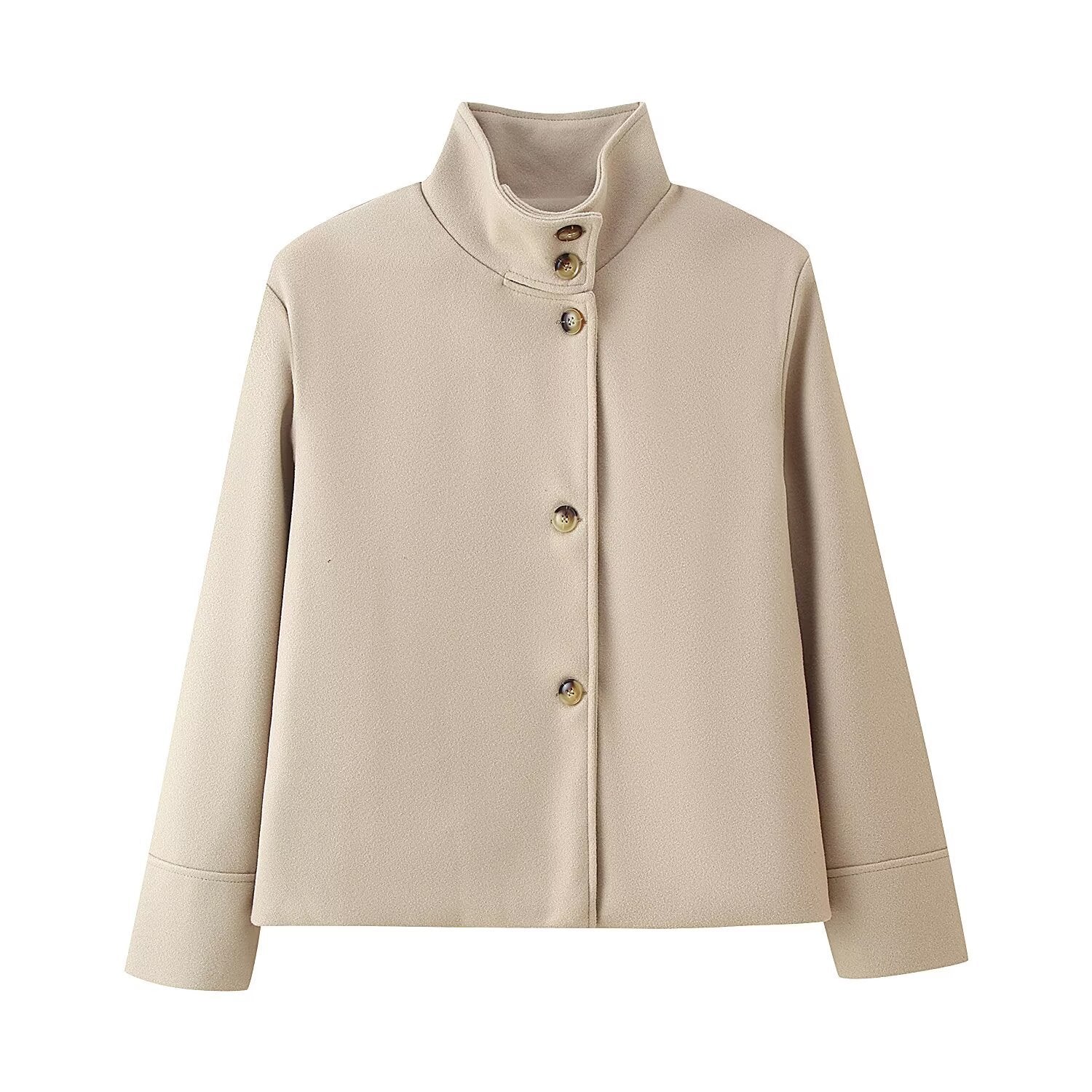 Womens Stand Collar Button Woolen Jacket