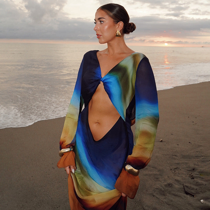 Tie-Dye Mesh Long Sleeve Backless Dress