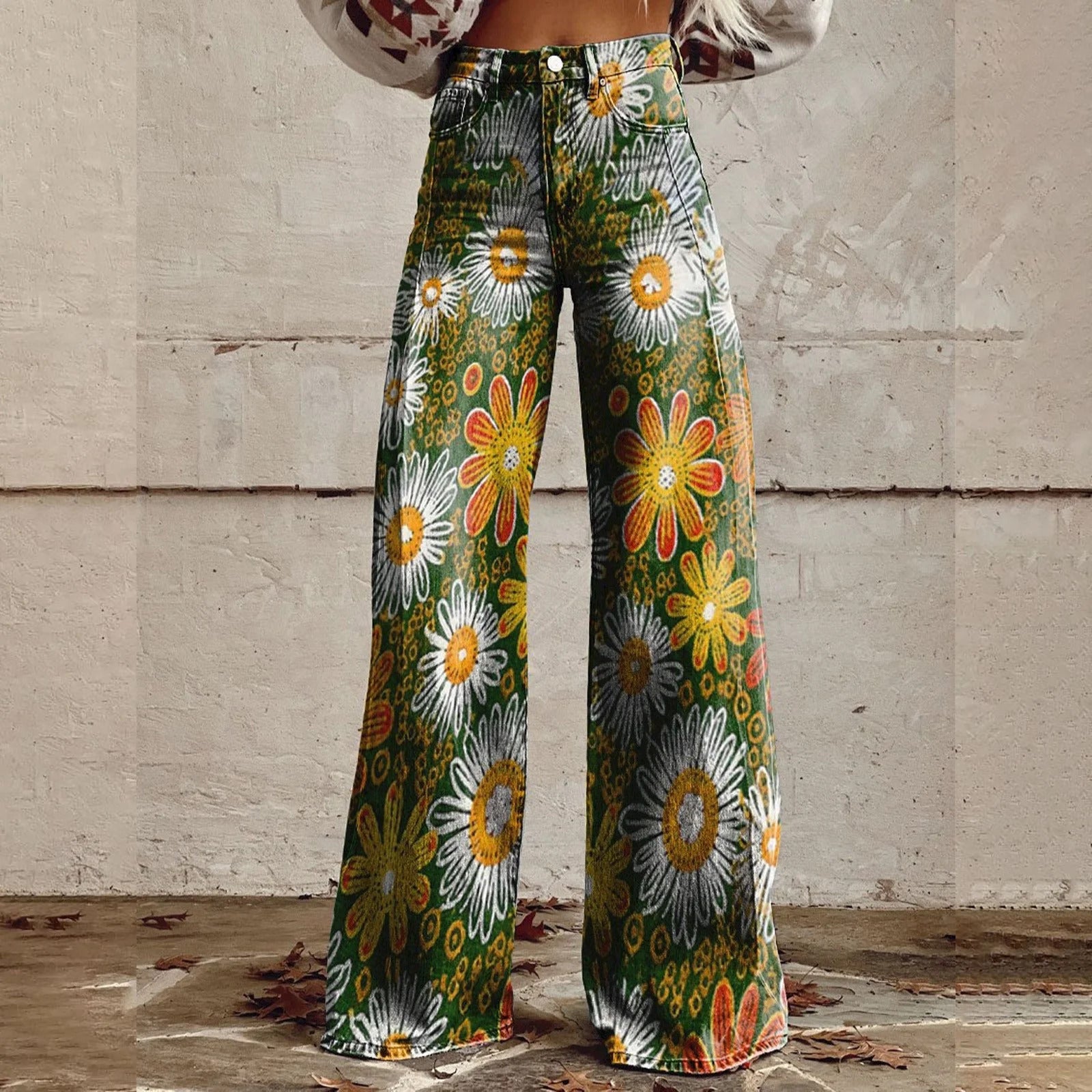 Women's 3D Printed Faux Denim Wide-Leg Pants